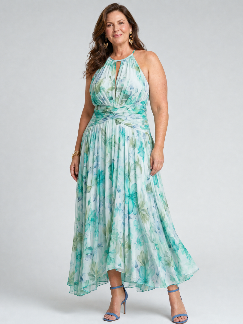 Portia | Robe Midi Halter Plissée à Imprimé Floral Doux