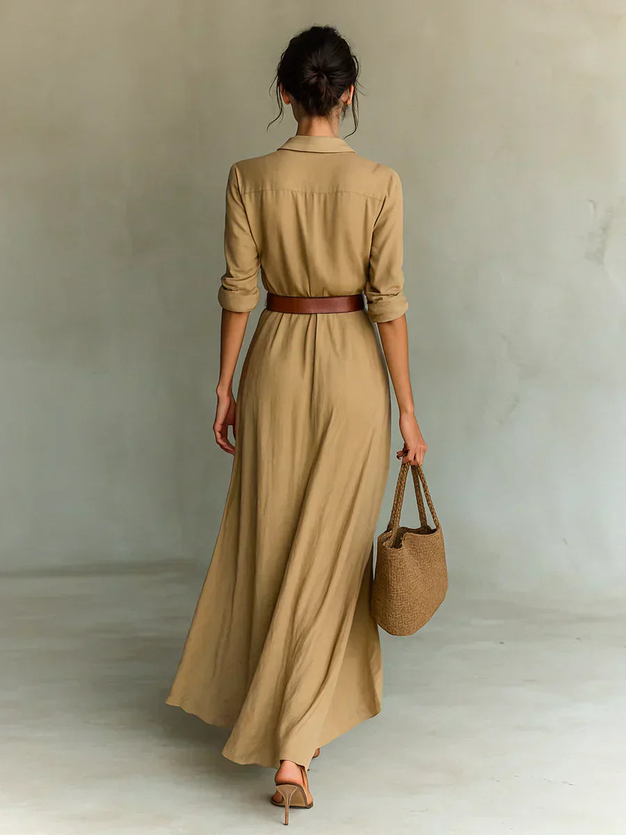 Camille™ | Maxi Robe à Revers et Ceinture Taille