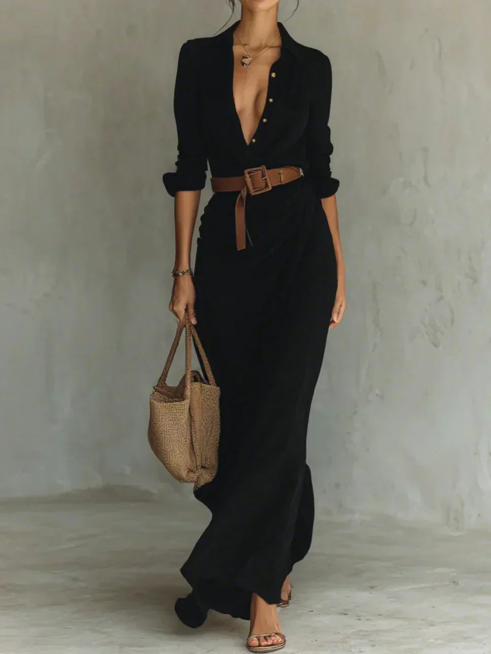 Camille™ | Maxi Robe à Revers et Ceinture Taille