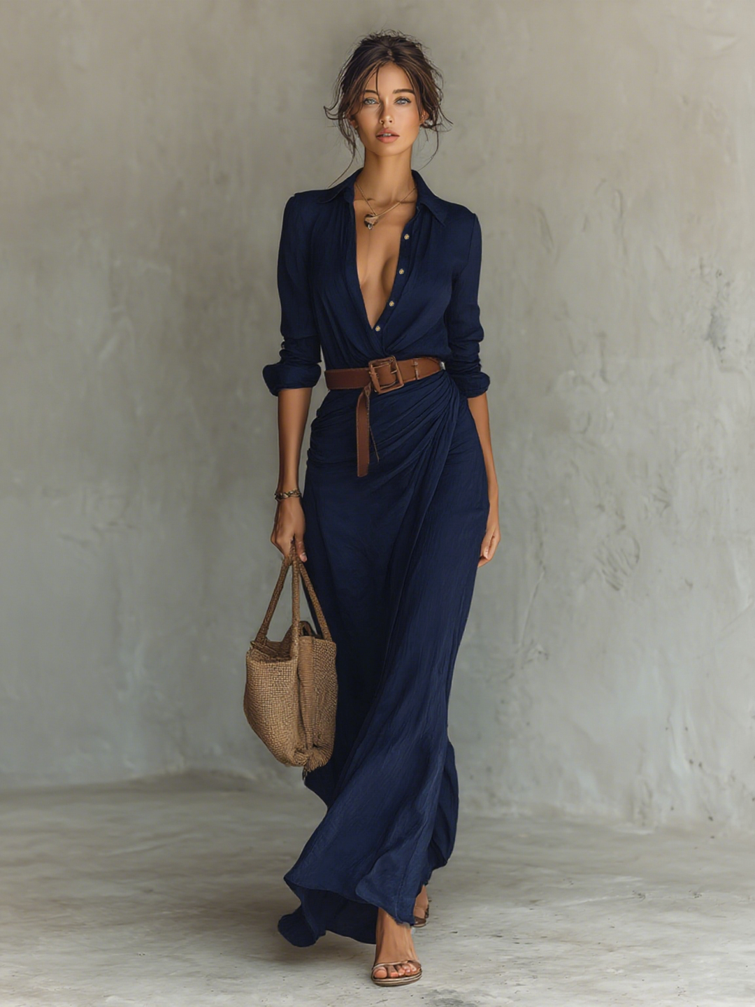 Robe Longue à Col Cranté et Manches Longues pour Femme