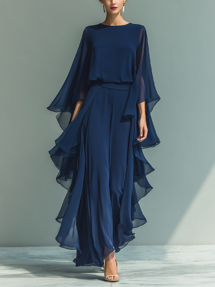 Margherita - Ensemble en Mousseline Bleu Marine à Manches Cloche et Volants