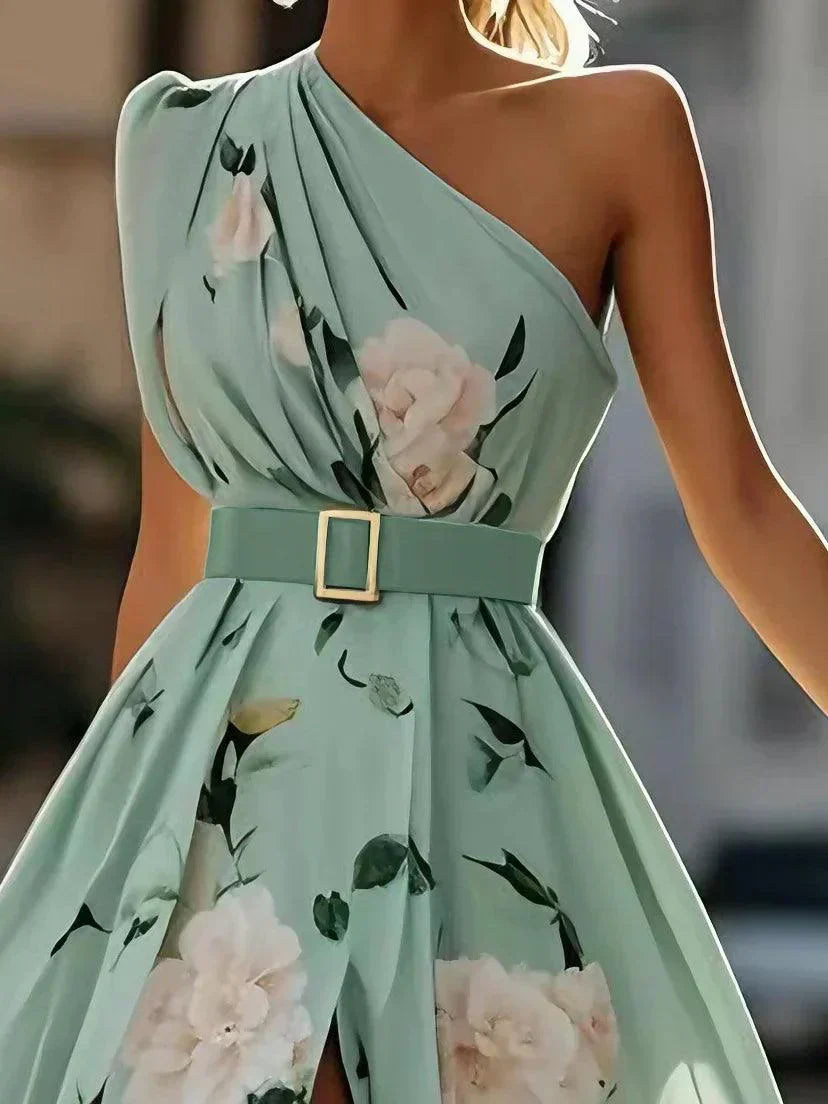 Julie | Robe Maxi Chiffon Florale à Épaules Dégagées Vert Clair