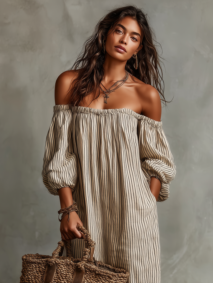 Carmen | Robe Longue en Coton et Lin, Épaules Dénudées
