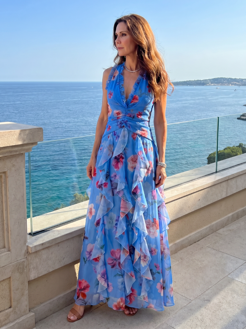Nori | Robe Maxi Halter Corsage Froncé à Imprimé Floral