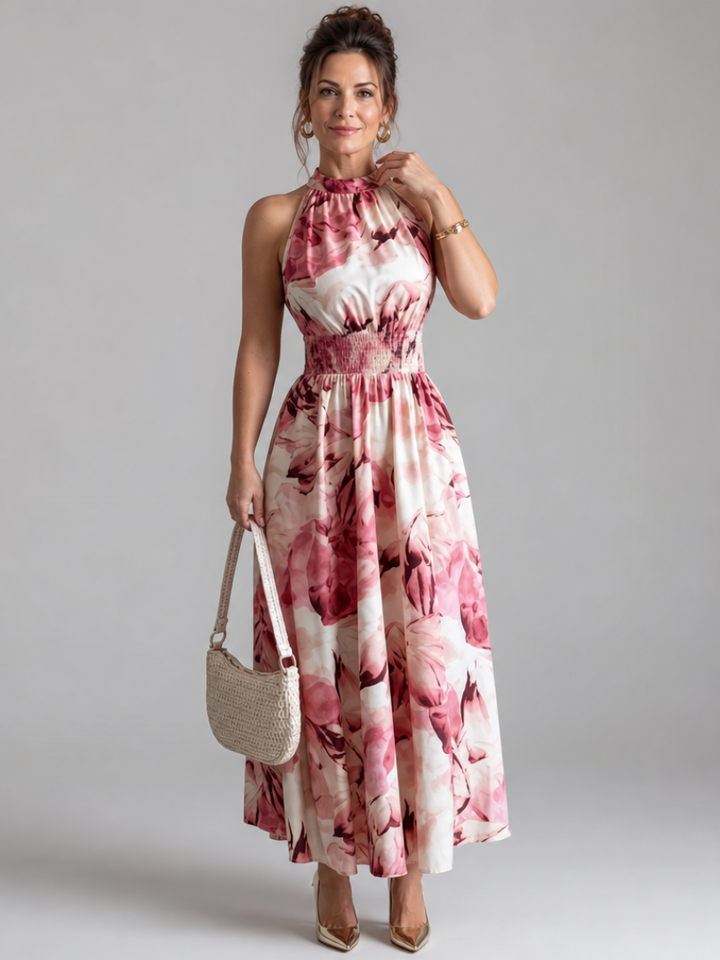 Olivia | Robe Midi Halter Froncée à Imprimé Abstrait