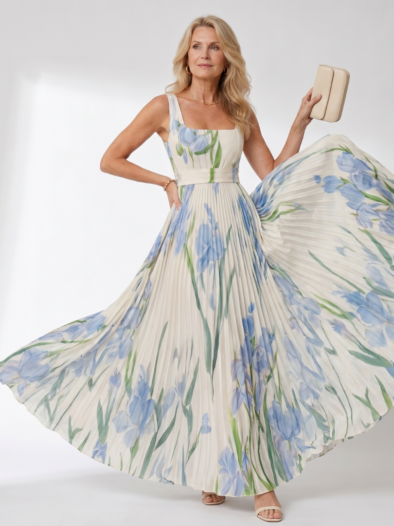 Oriana | Robe midi sans manches à encolure carrée et plis