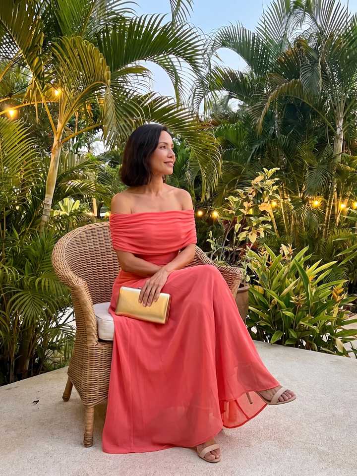 June | Robe Midi Drapée Épaules Dénudées
