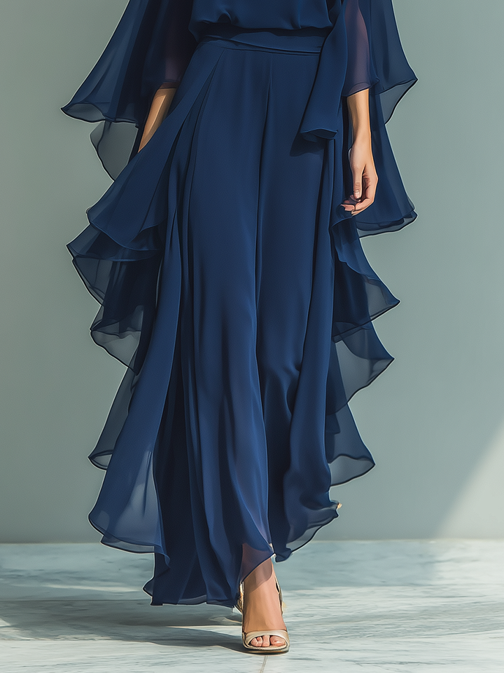 Margherita - Ensemble en Mousseline Bleu Marine à Manches Cloche et Volants