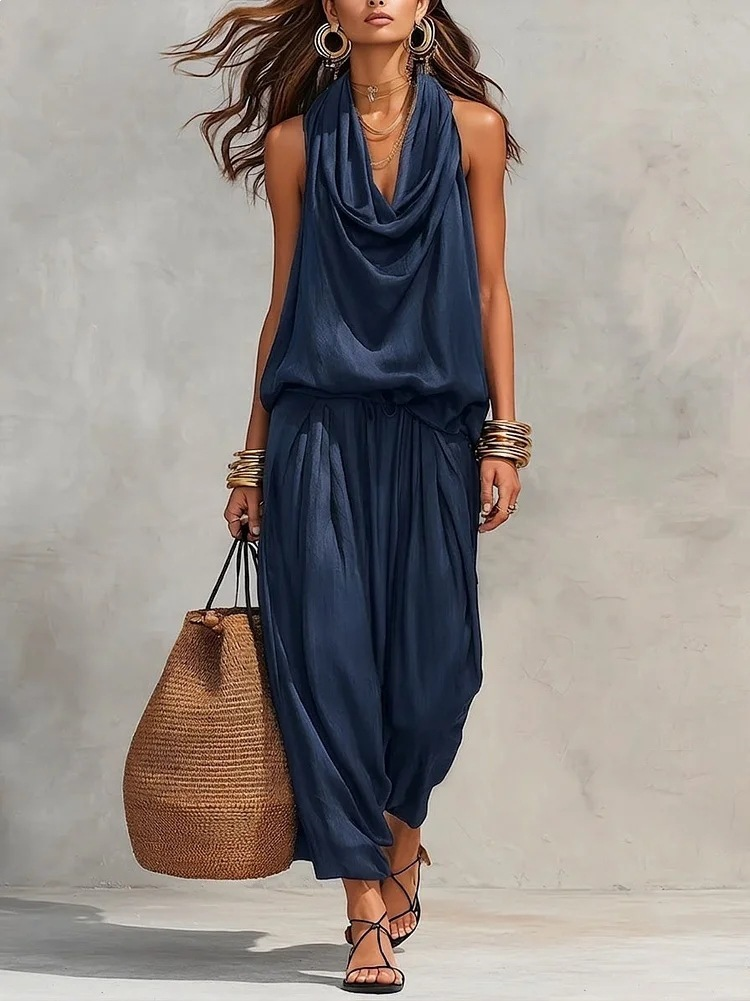 Maya | Ensemble Top Halter et Pantalon Large Plissé