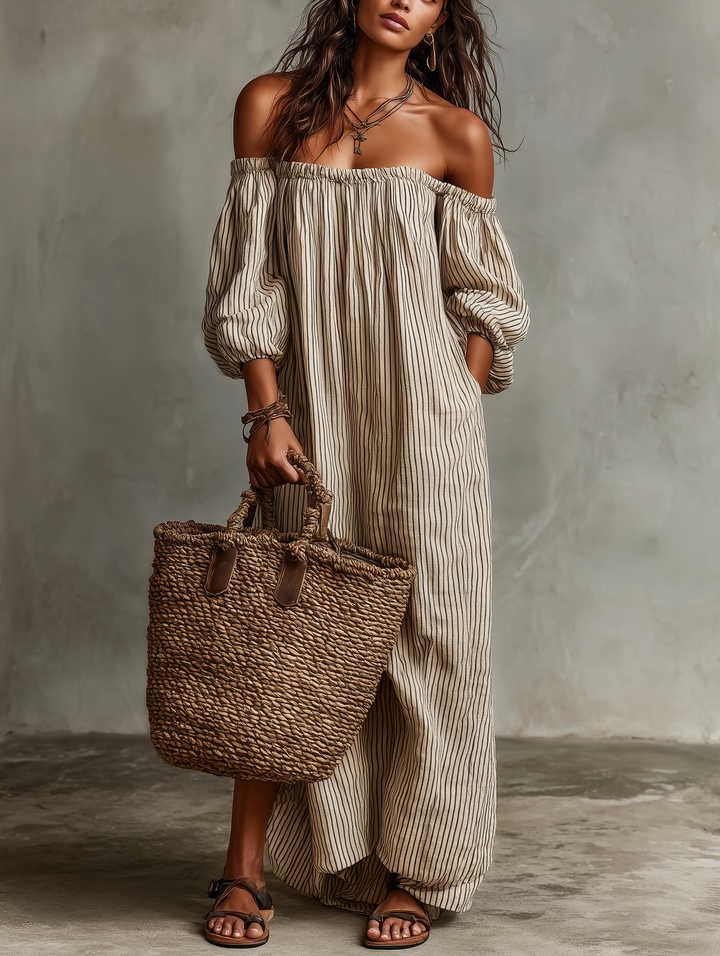 Carmen | Robe Longue en Coton et Lin, Épaules Dénudées