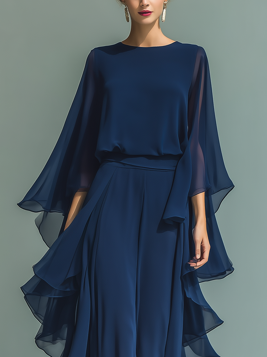 Margherita - Ensemble en Mousseline Bleu Marine à Manches Cloche et Volants