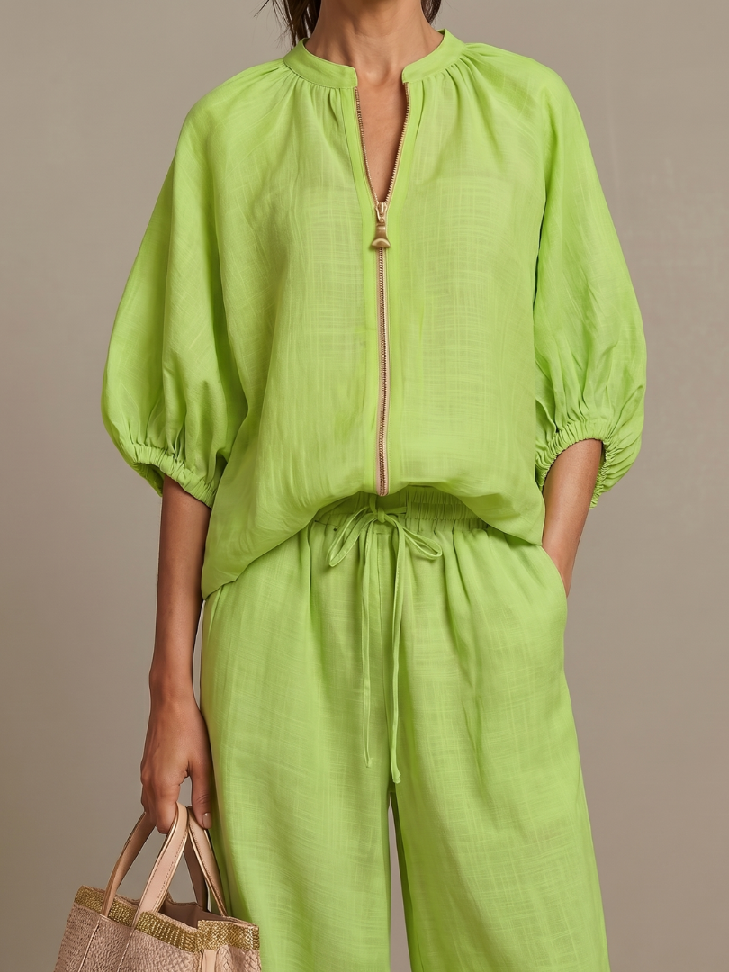 Natalia | Top Blouson avec Zip et Pantalon à Jambe Large