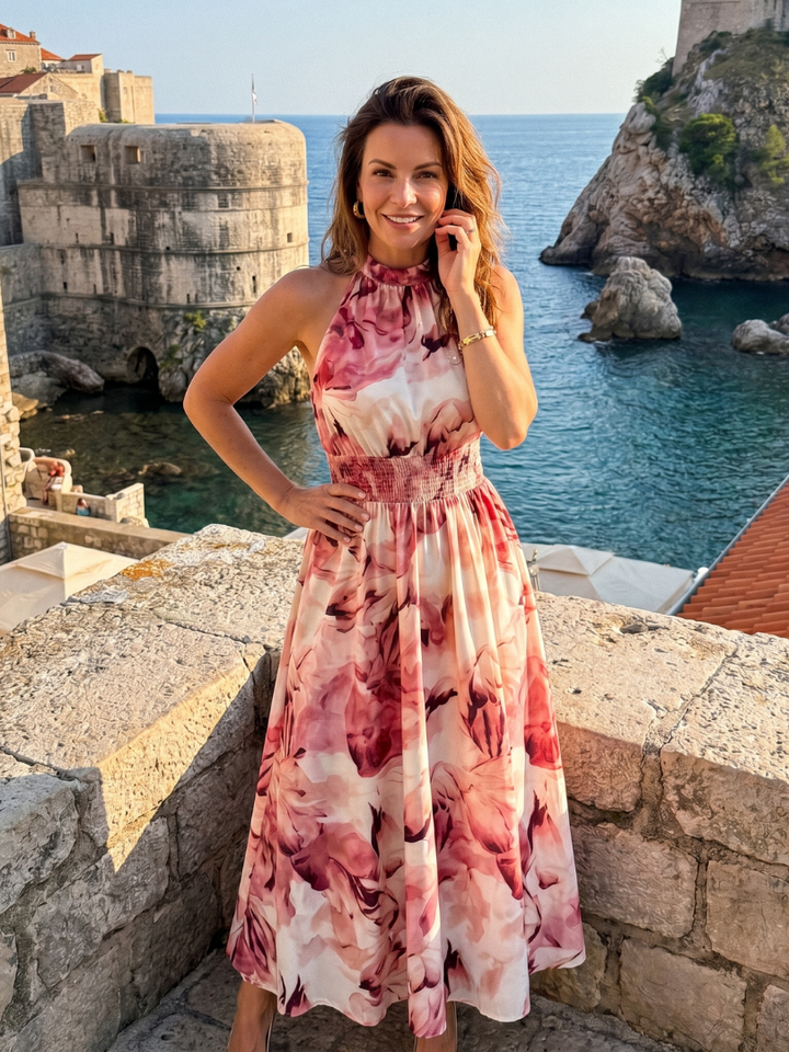 Olivia | Robe Midi Halter Froncée à Imprimé Abstrait