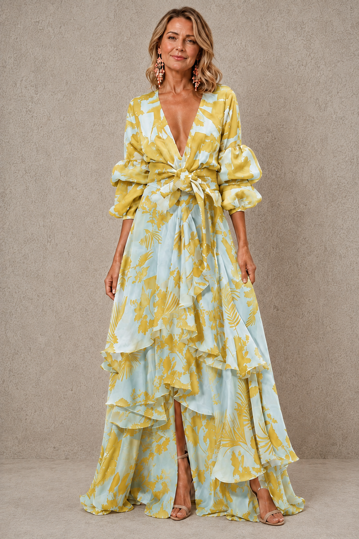 Victoria | Robe maxi à volants et ceinture nœud