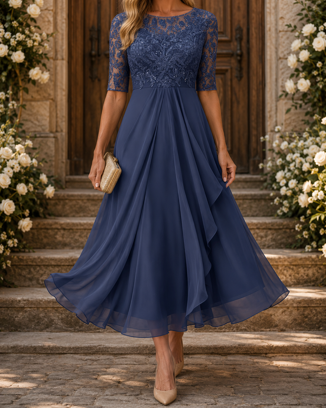 La Robe Midi Rose en Dentelle Flatteuse