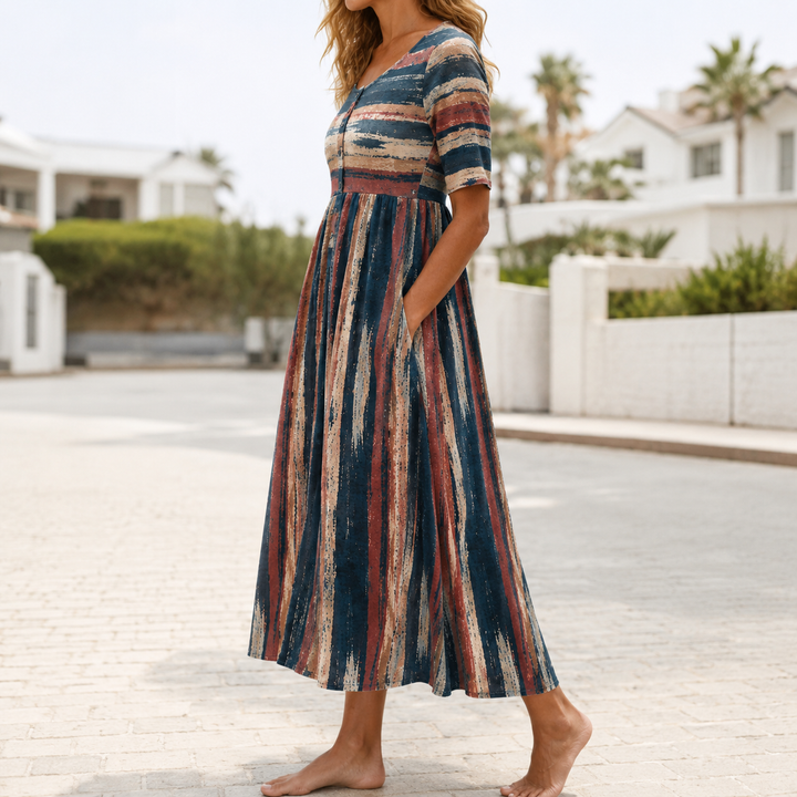 HOLLY | ROBE MIDI RAYÉE ÉLÉGANTE EFFET VENTRE PLAT