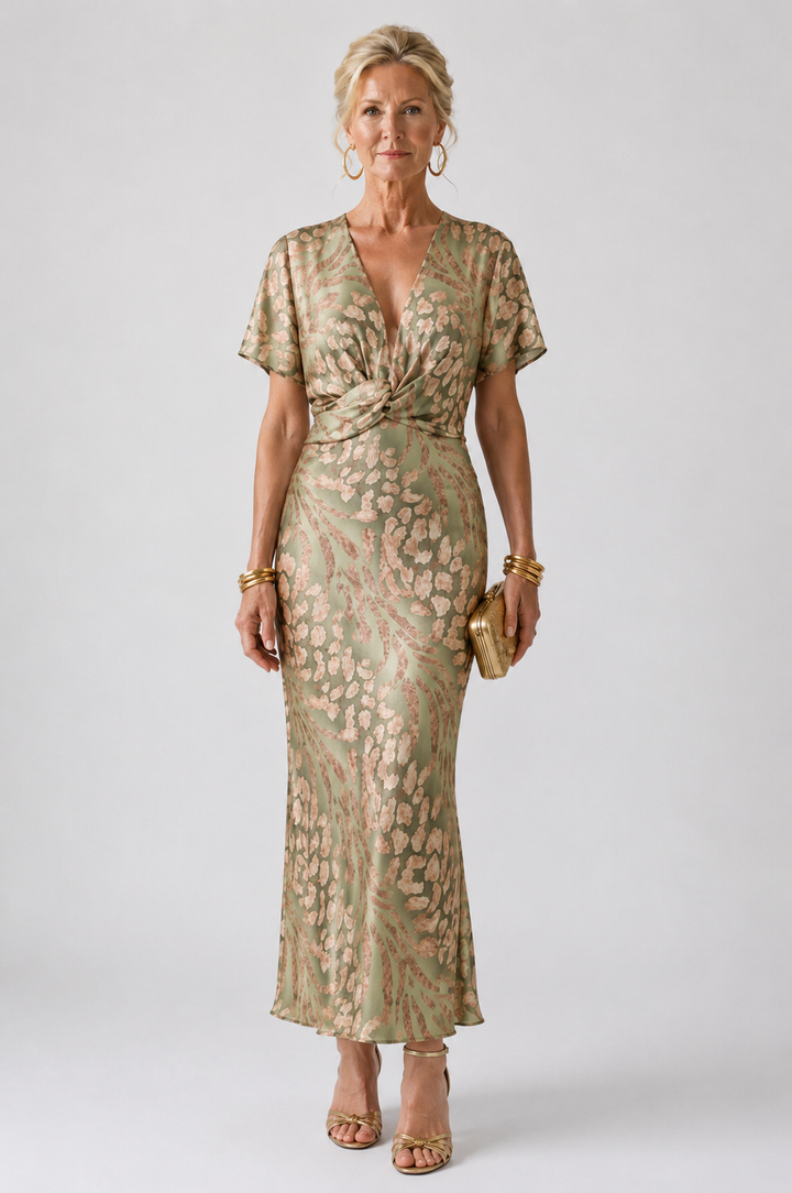 Ellis & Johnson™ | Robe Midi Imprimé Abstrait Col V Taille Torsadée
