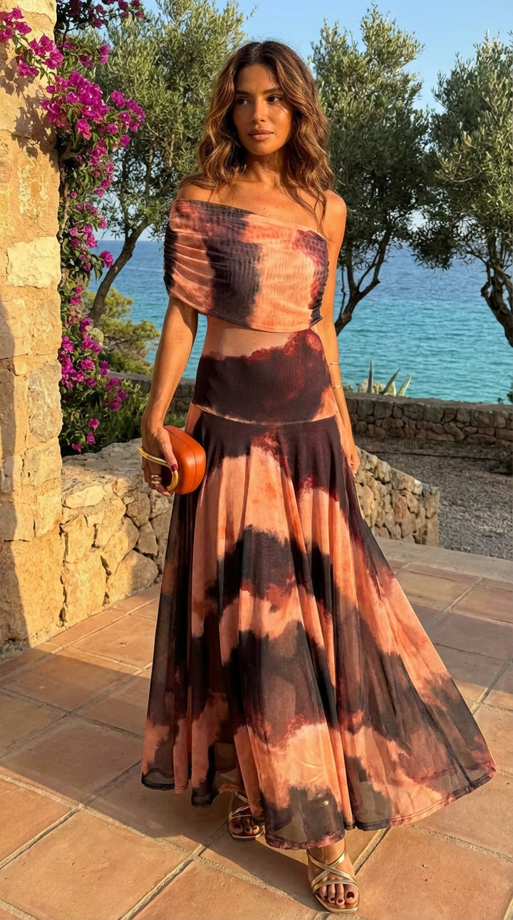 Robe à Imprimé Orange et Marron