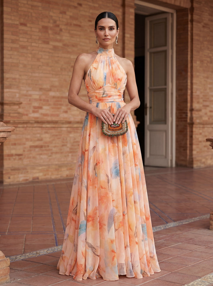 Robe Longue Imprimée Halter Tons Pastel