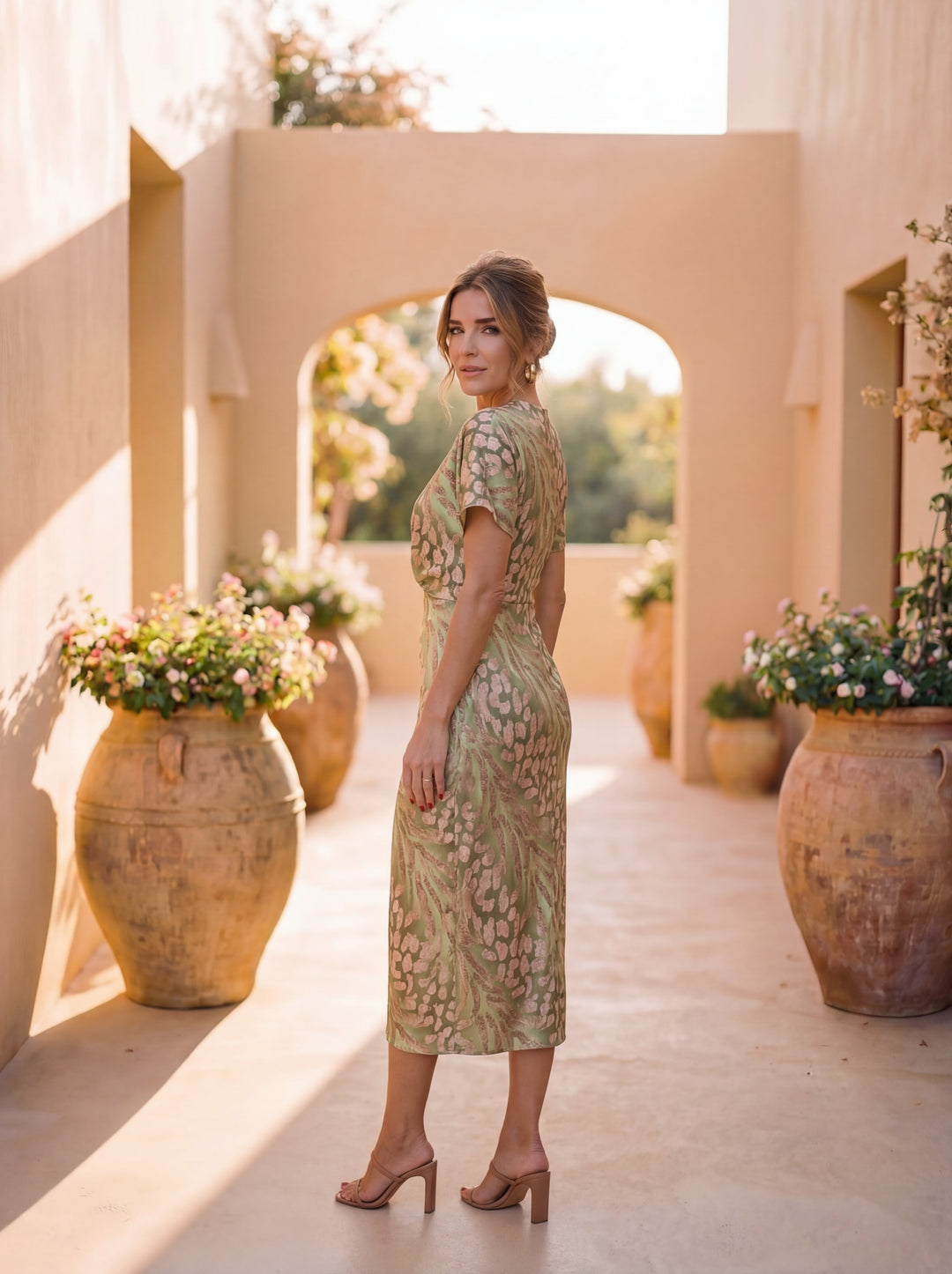 Robe midi effet amincissant, nœud central et tombé fluide