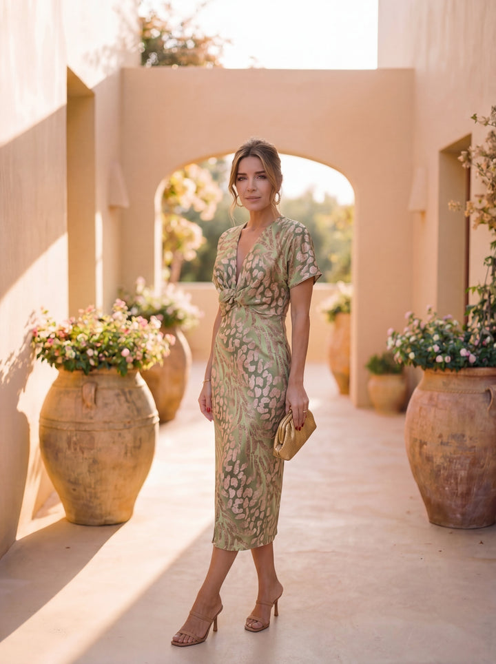 Robe midi effet amincissant, nœud central et tombé fluide