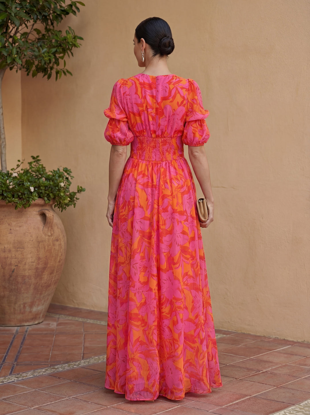 Oliva | Robe Maxi Fleurie à Manches Ballon et Décolleté en V