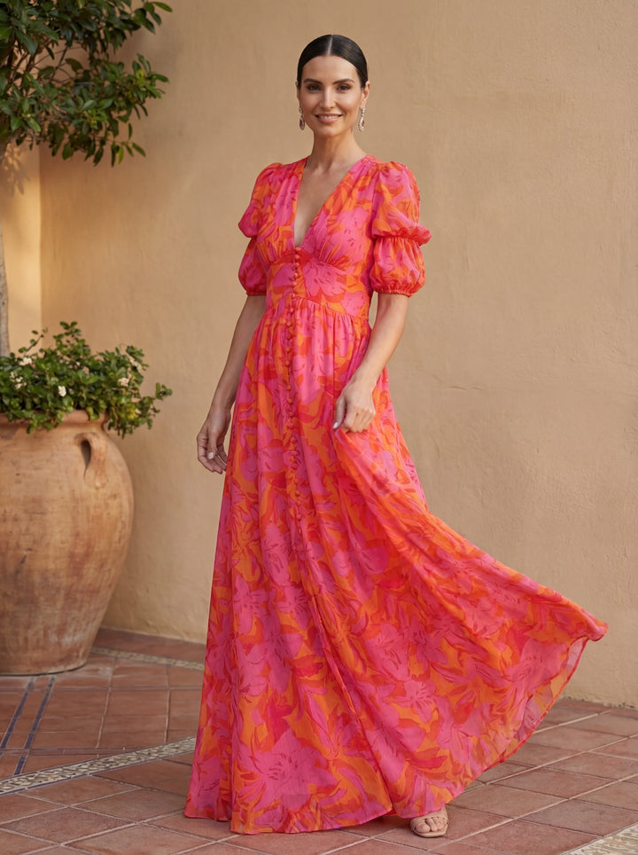 Oliva | Robe Maxi Fleurie à Manches Ballon et Décolleté en V