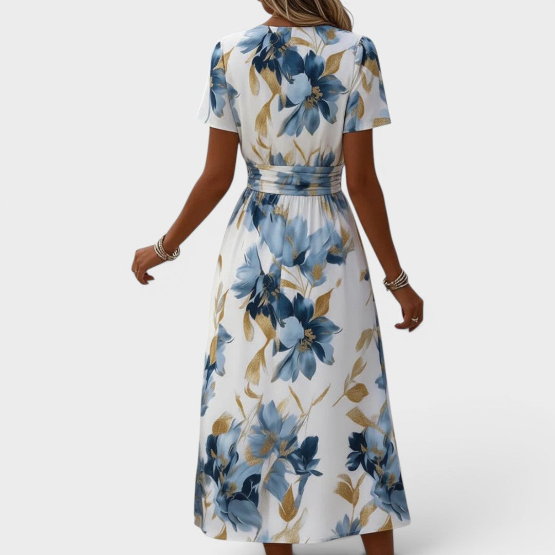 La Robe Midi Croisée Elara Fleurie à Taille Ajustée