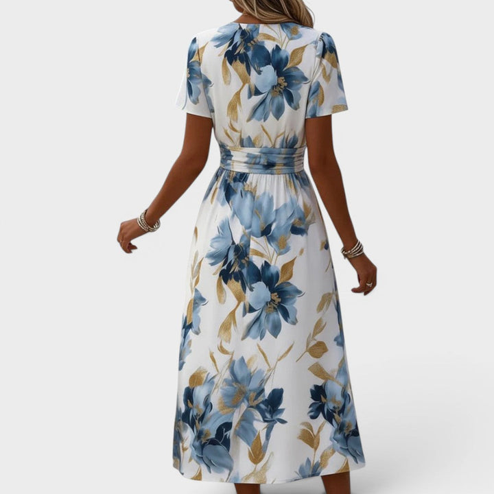 La Robe Midi Croisée Elara Fleurie à Taille Ajustée