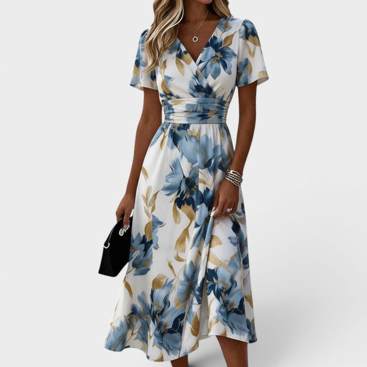 La Robe Midi Croisée Elara Fleurie à Taille Ajustée
