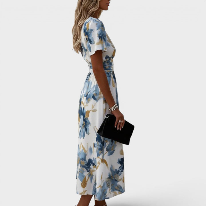 La Robe Midi Croisée Elara Fleurie à Taille Ajustée