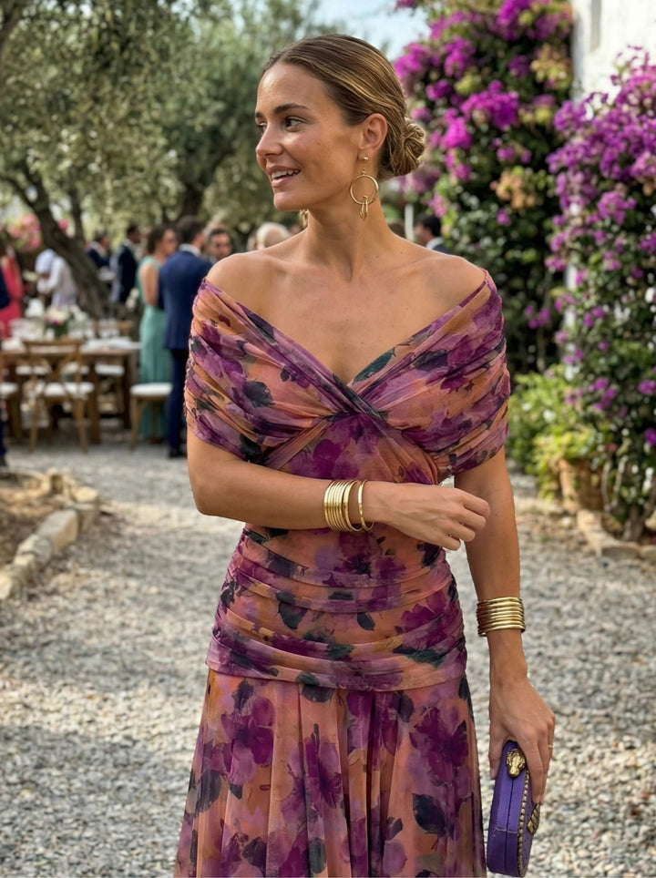 Robe Longue Imprimée Épaules Dénudées