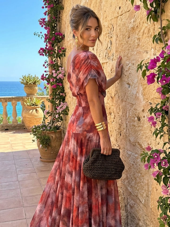 Robe longue épaules dénudées imprimé aquarelle