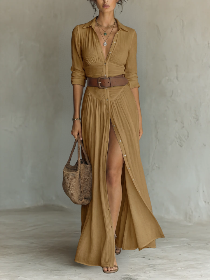 Robe Longue à Col Cranté, Manches Longues et Jupe Plissée pour Femme