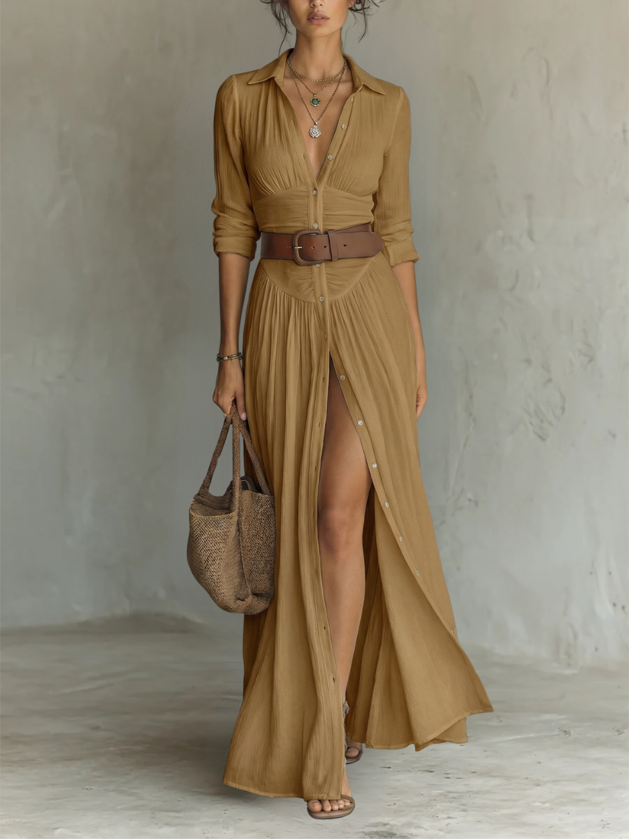 Robe longue pour femme à col cranté et manches longues