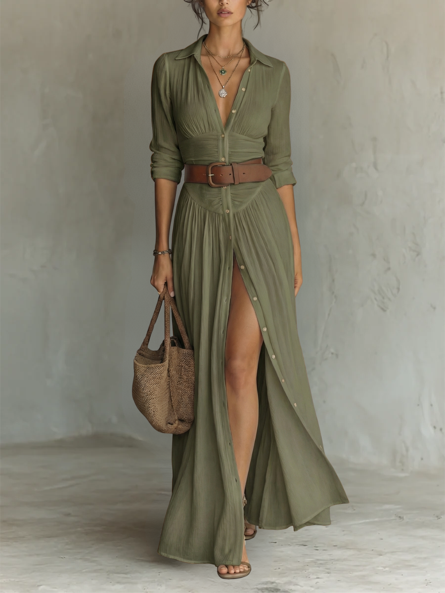 Robe longue pour femme à col cranté et manches longues