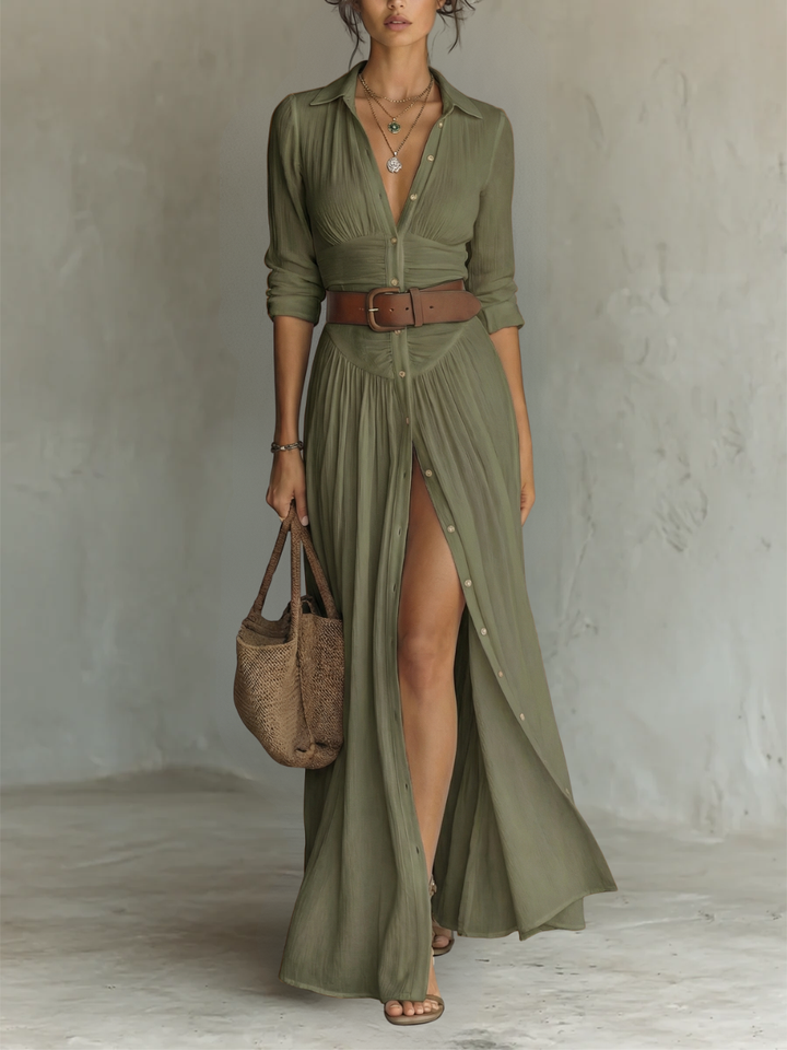 Robe Longue à Col Cranté, Manches Longues et Jupe Plissée pour Femme