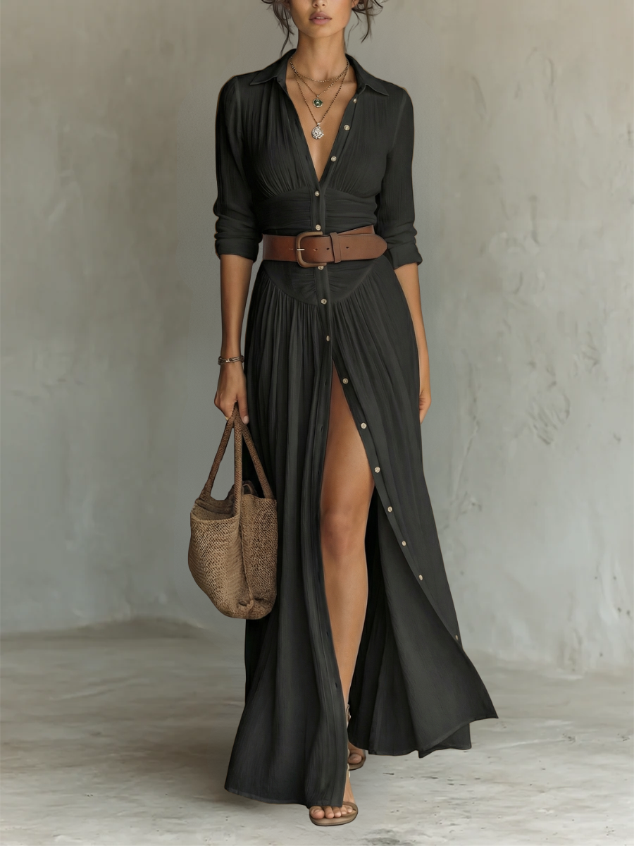 Robe longue pour femme à col cranté et manches longues