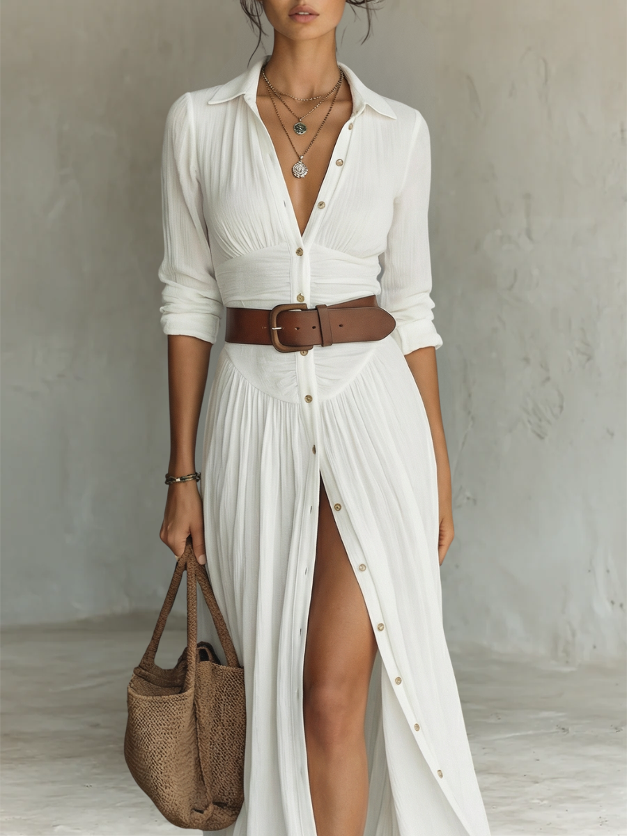 Robe longue pour femme à col cranté et manches longues
