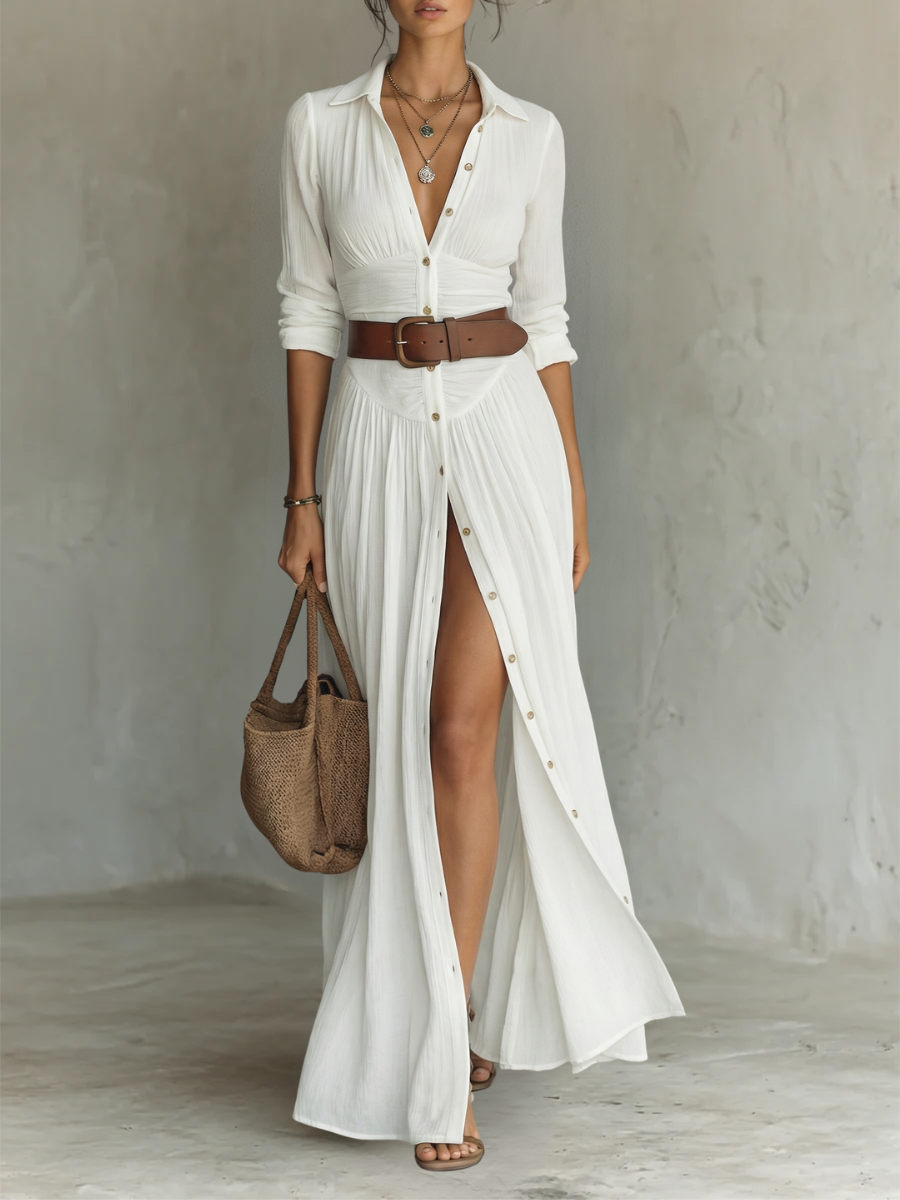 Robe longue pour femme à col cranté et manches longues