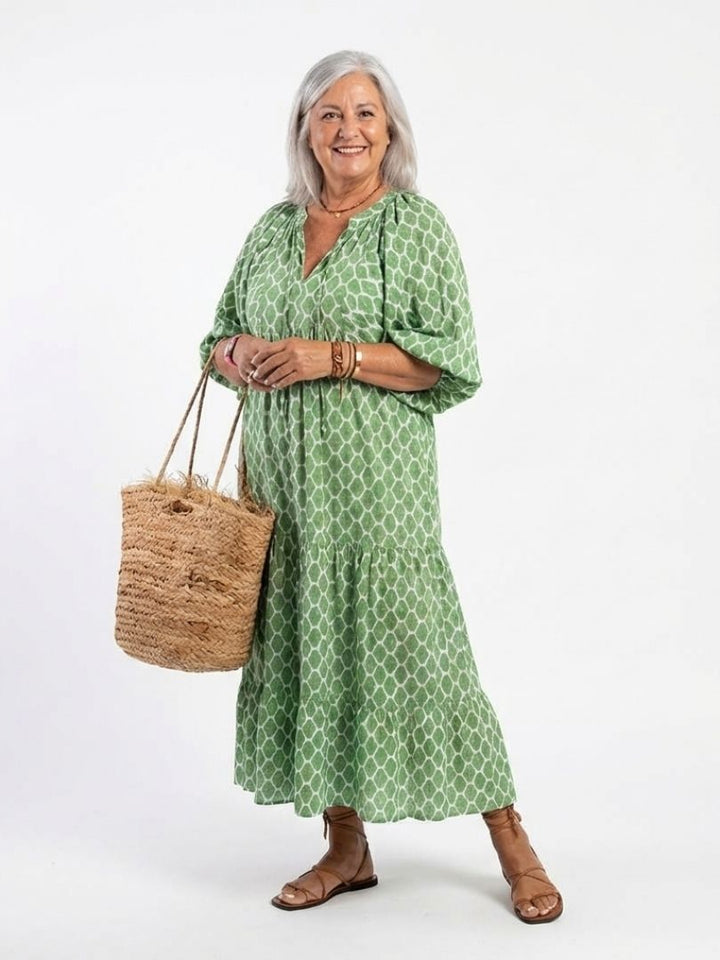 Apolline | Robe Midi Col V Manches Trois Quarts à Motifs