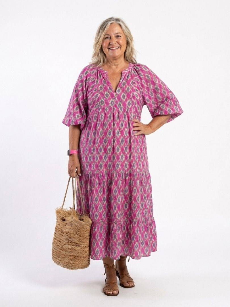 Apolline | Robe Midi Col V Manches Trois Quarts à Motifs