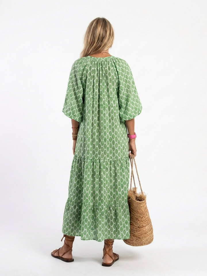 Apolline | Robe Midi Col V Manches Trois Quarts à Motifs