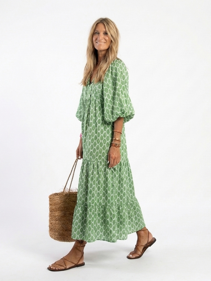 Apolline | Robe Midi Col V Manches Trois Quarts à Motifs
