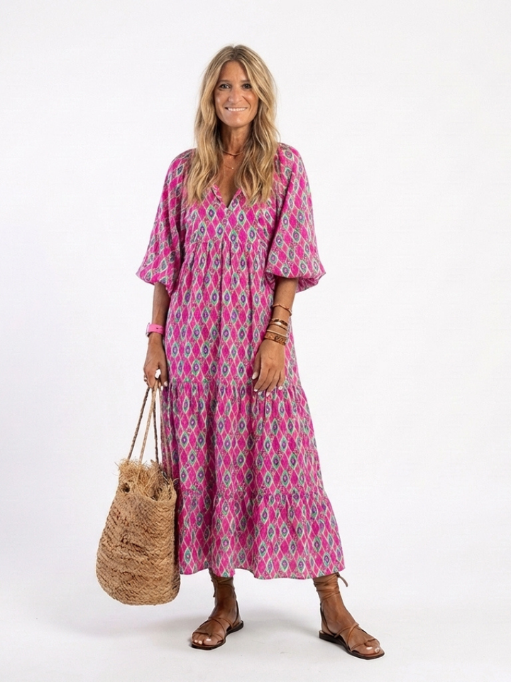 Apolline | Robe Midi Col V Manches Trois Quarts à Motifs