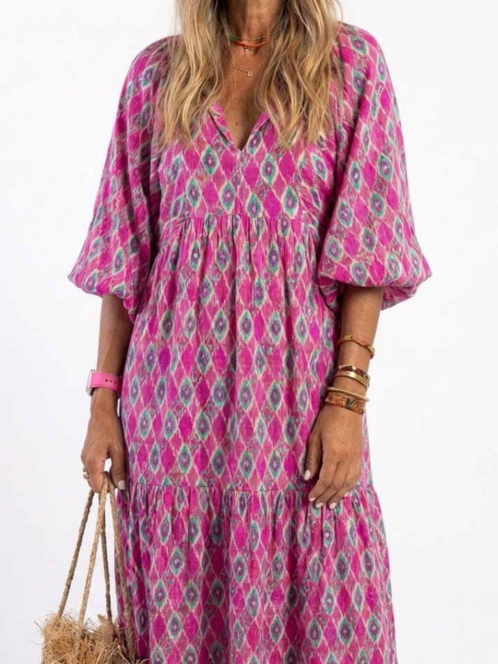 Apolline | Robe Midi Col V Manches Trois Quarts à Motifs