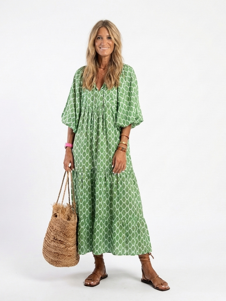 Apolline | Robe Midi Col V Manches Trois Quarts à Motifs