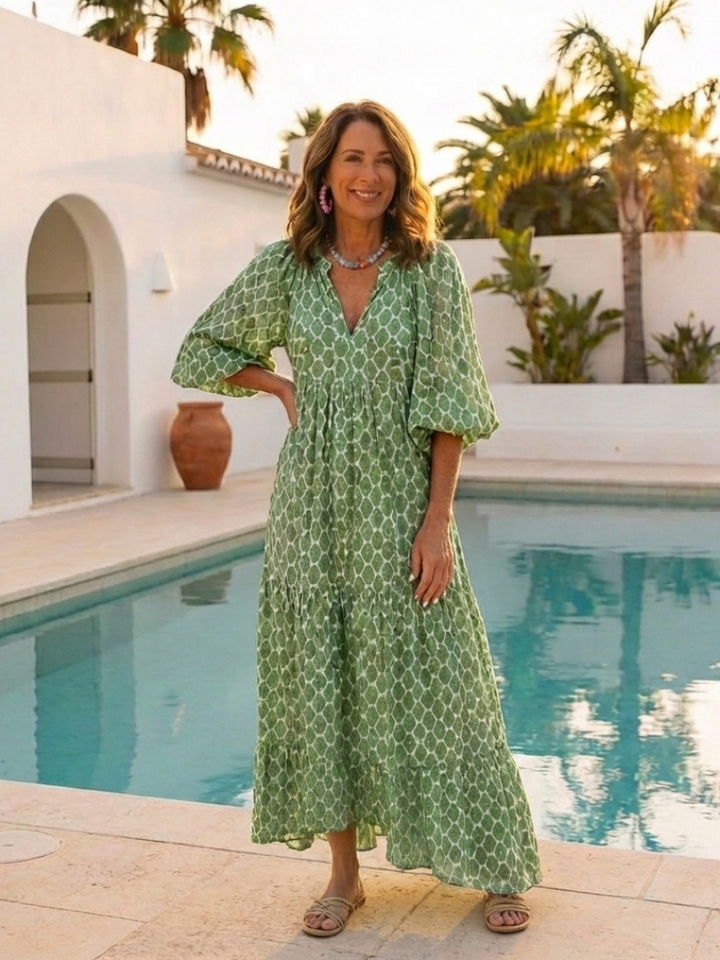 Apolline | Robe Midi Col V Manches Trois Quarts à Motifs