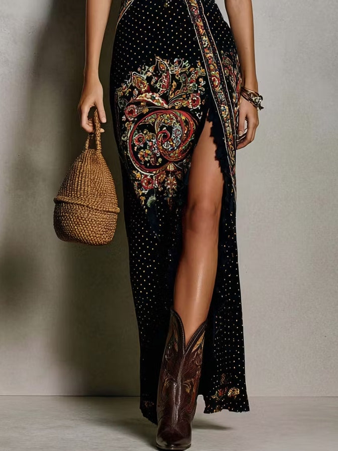 Robe imprimée style bohème avec décolleté en V plongeant et fente haute