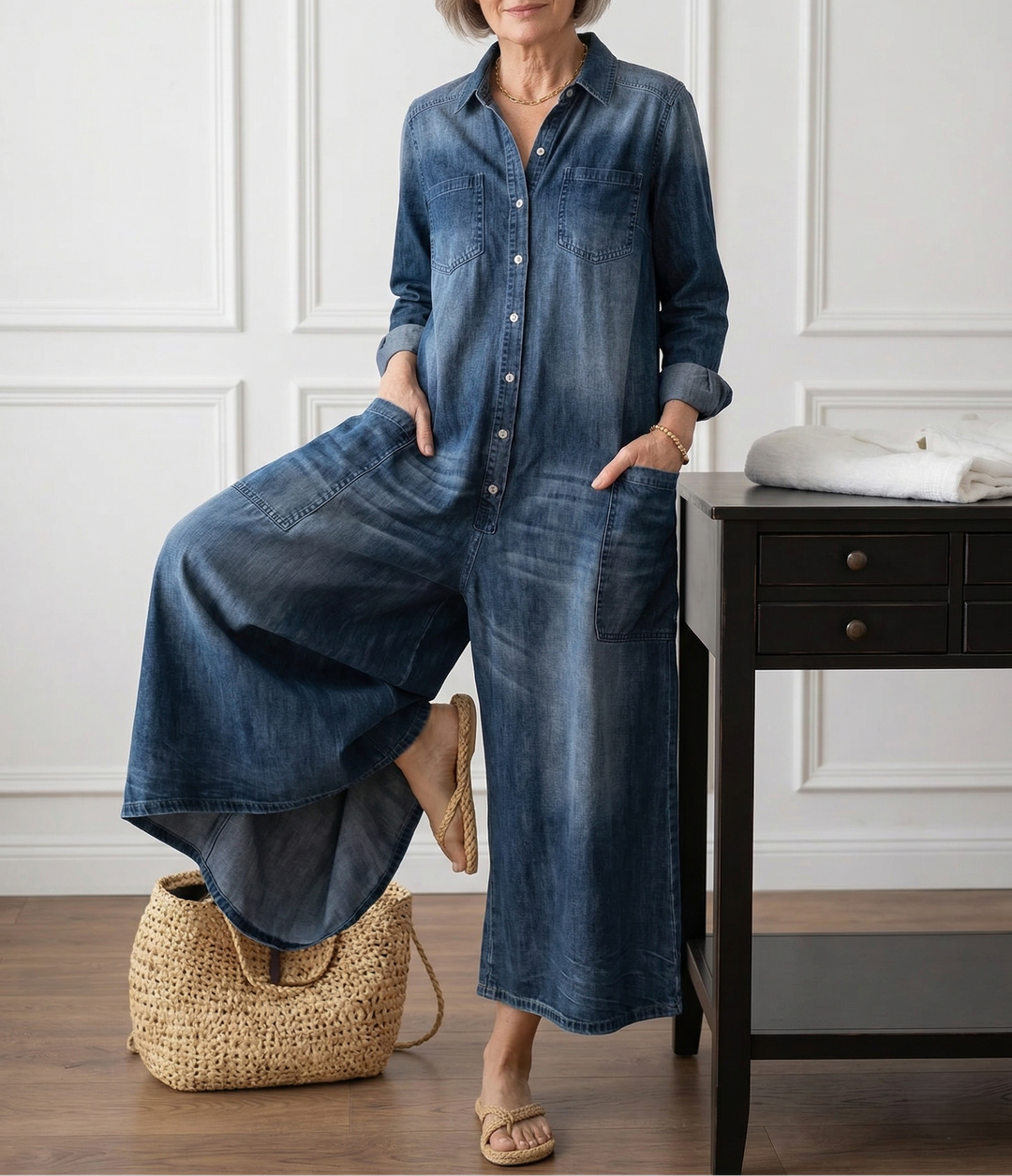 Diana | Combinaison Vintage en Denim Coton Doux Délavé à Boutons
